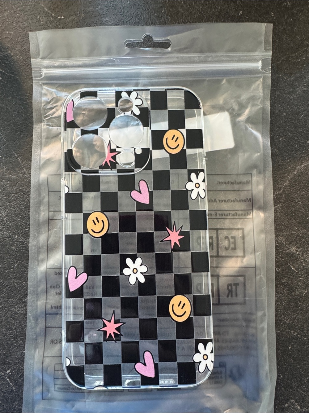 NWT Clear Checkerboard IPhone 15 PRO Case with Pink Hearts & Yellow Smileys - Picture 3 of 3